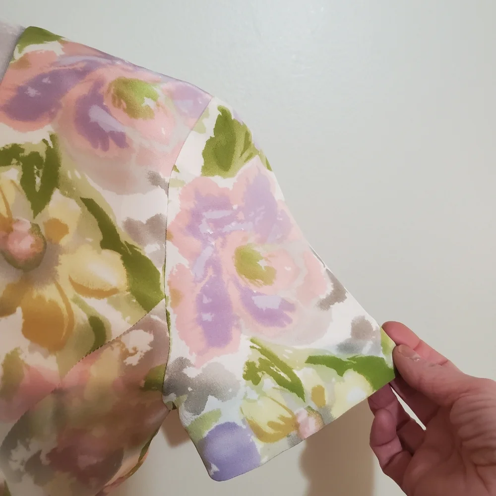 Maggy London Vtg 80s silk pastel floral watercolor square neck sheath dress 6 - Picture 6 of 12